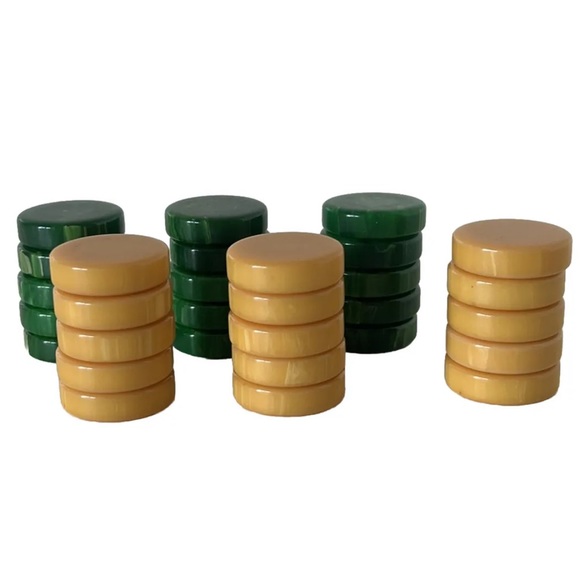 Bakelite Backgammon Pieces 30 Chips 15 Green Marbled 15 Butterscotch Marbled - Picture 1 of 6